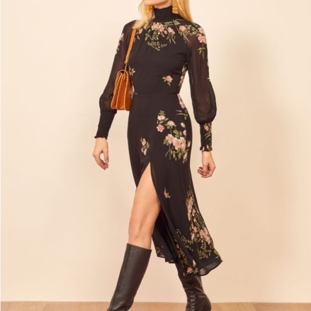 Reformation Floral Black Long Sleeve Mock Neck Dress